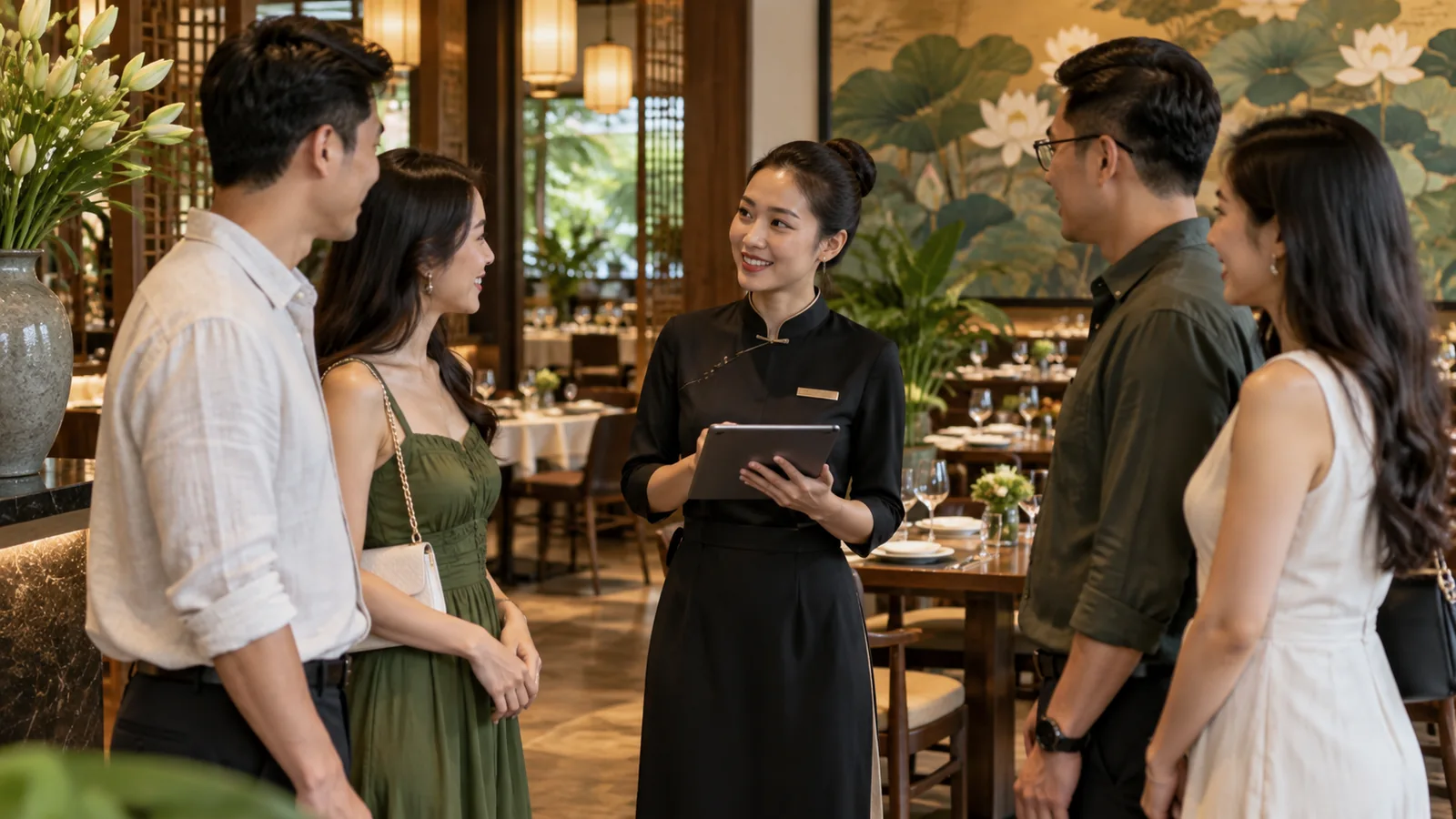 Nhân viên nhà hàng xác nhận ngày và số người trên máy tính bảng