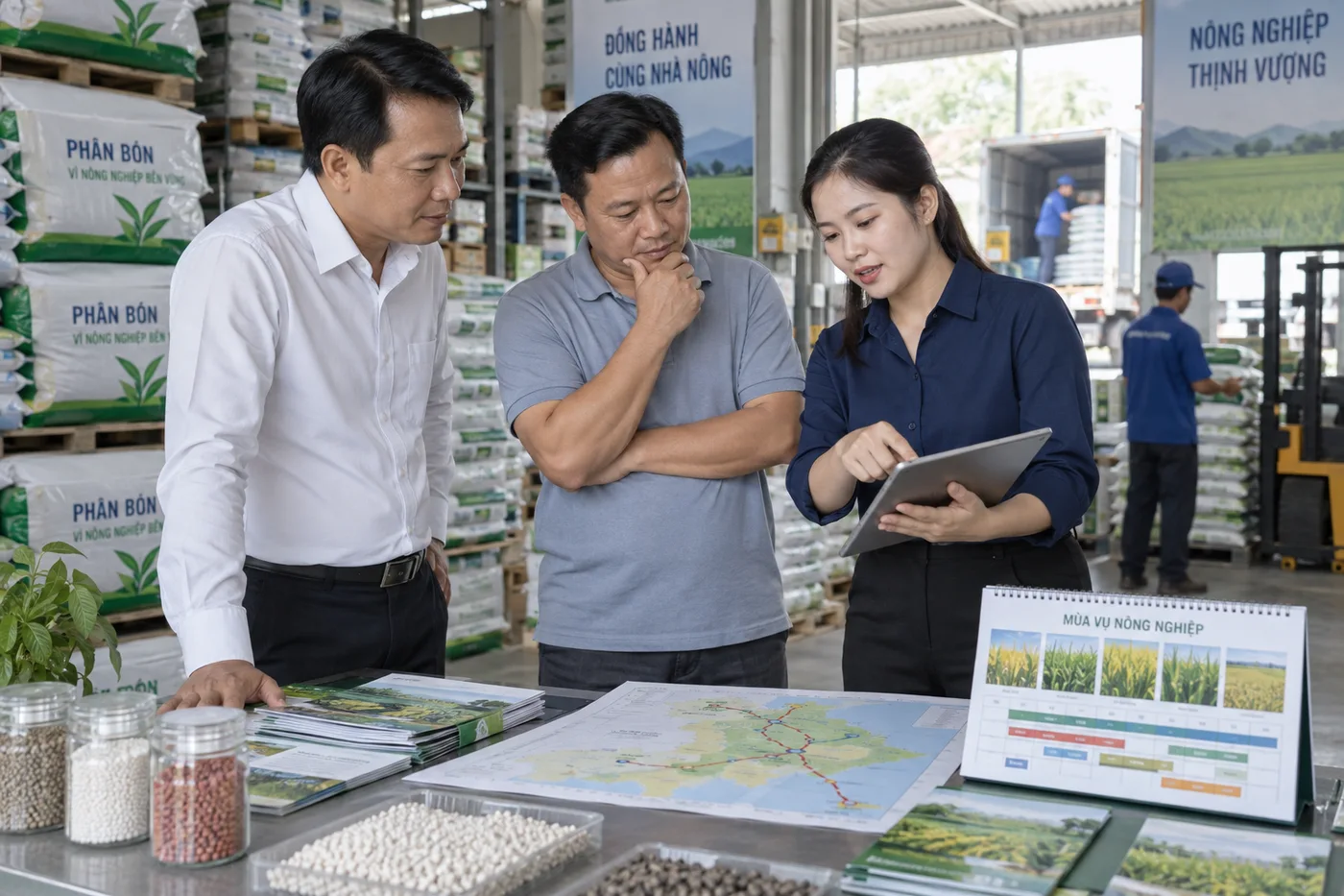 Đội marketing và kinh doanh xem mẫu nội dung quảng cáo phân bón cho các kênh