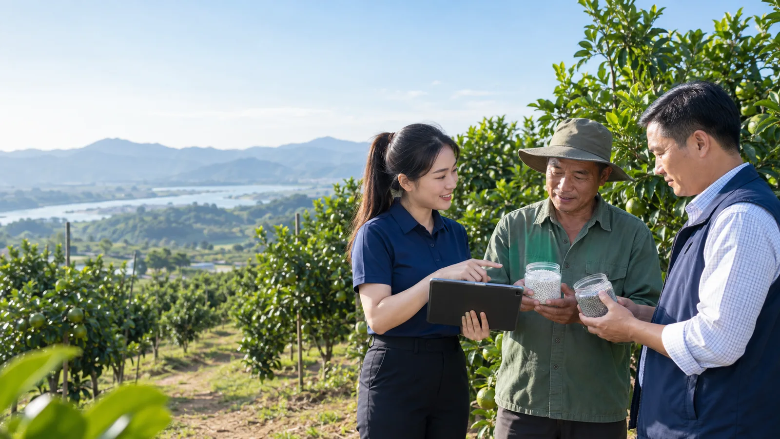 Đội quảng cáo trao đổi với người làm nông về vùng bán và sản phẩm phân bón