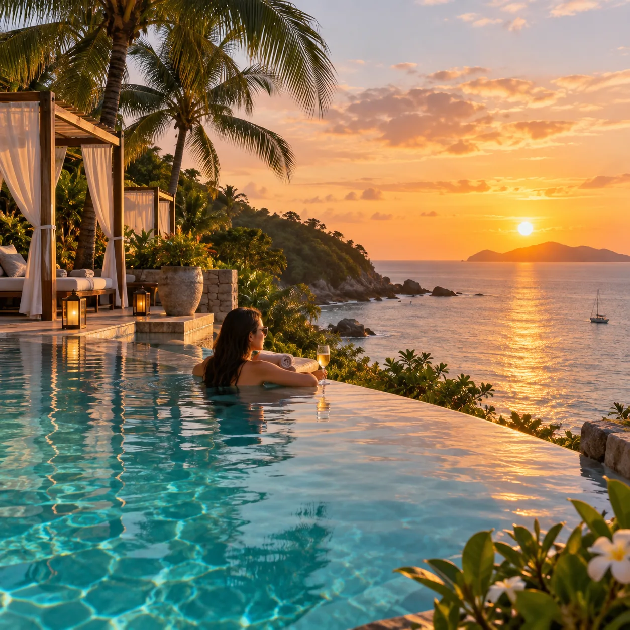 Không gian hồ bơi resort lúc hoàng hôn trong mẫu Facebook Feed