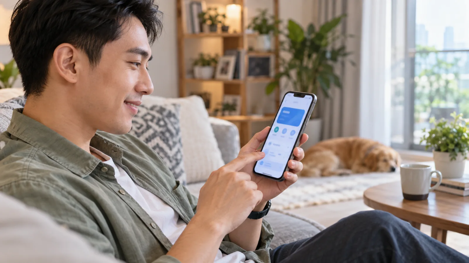Khách tìm hiểu ứng dụng ngân hàng trên điện thoại trong mẫu trang đích