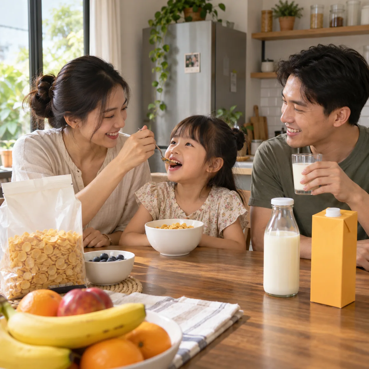 Gia đình ăn sáng với thực phẩm đóng gói minh họa Facebook Feed FMCG