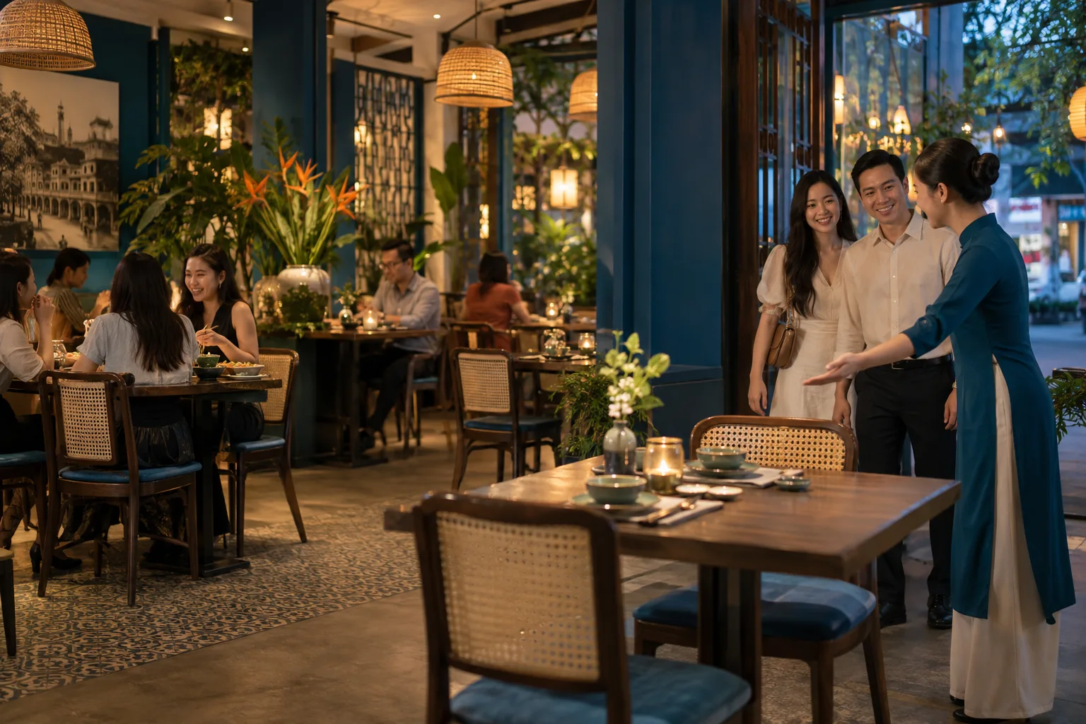 Khách đến nhà hàng và được nhân viên đón vào bàn, ảnh minh họa quảng cáo nhà hàng
