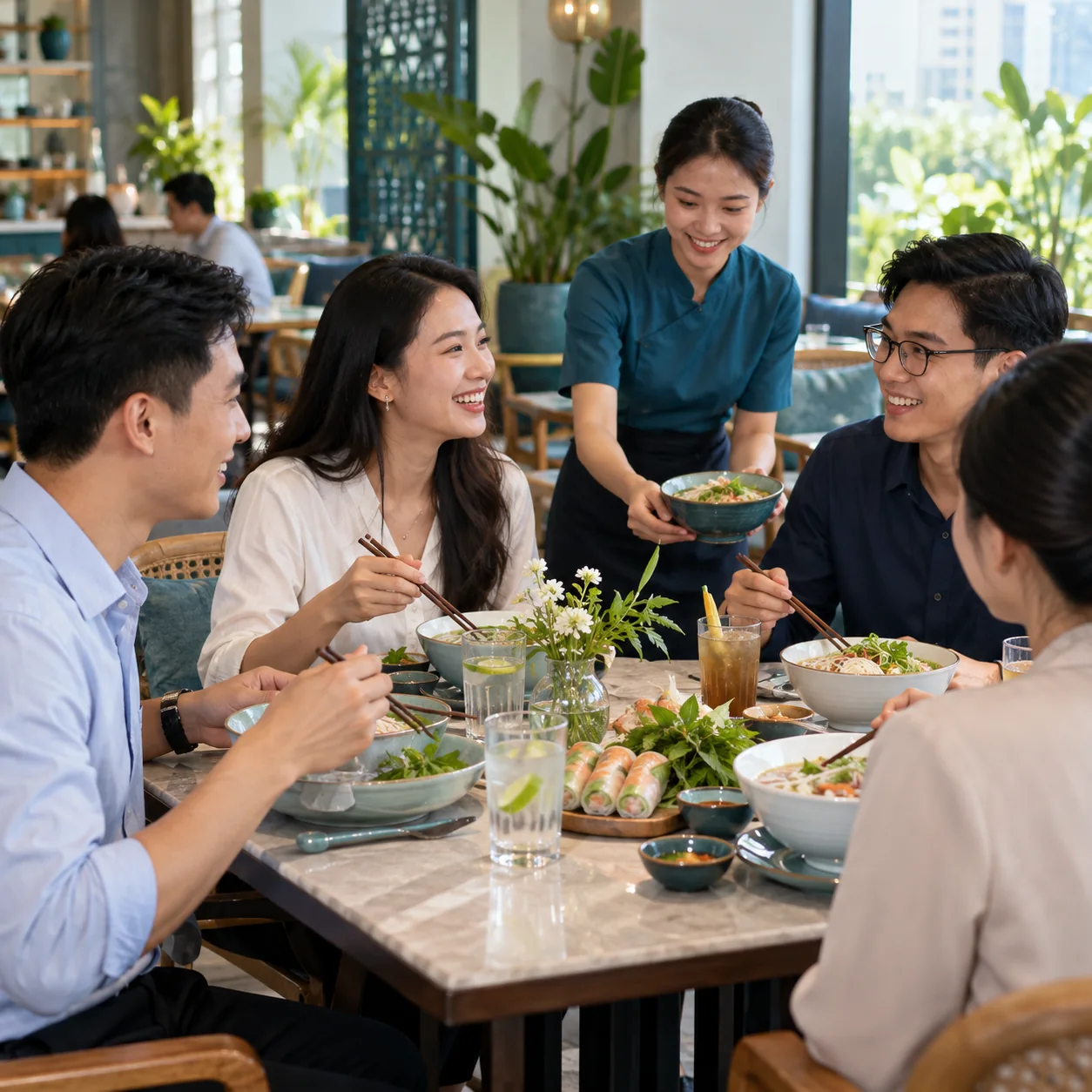 Bữa trưa nhóm đồng nghiệp trong mẫu carousel nhà hàng