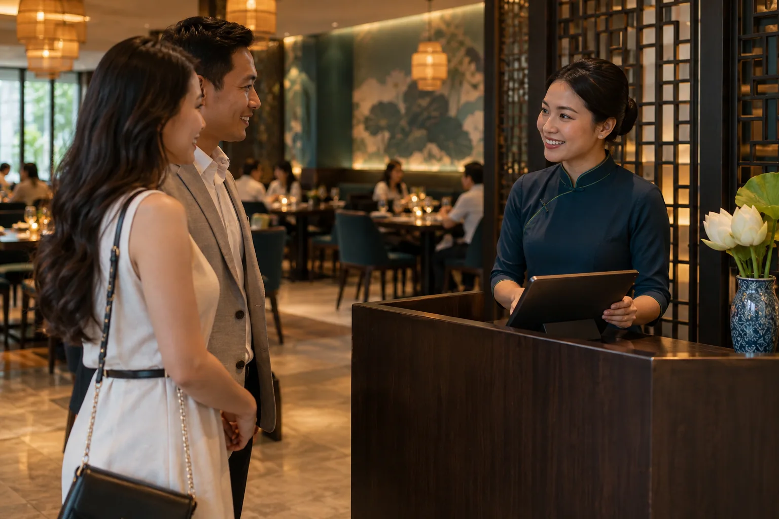 Nhân viên nhà hàng xác nhận đặt bàn với khách vừa đến
