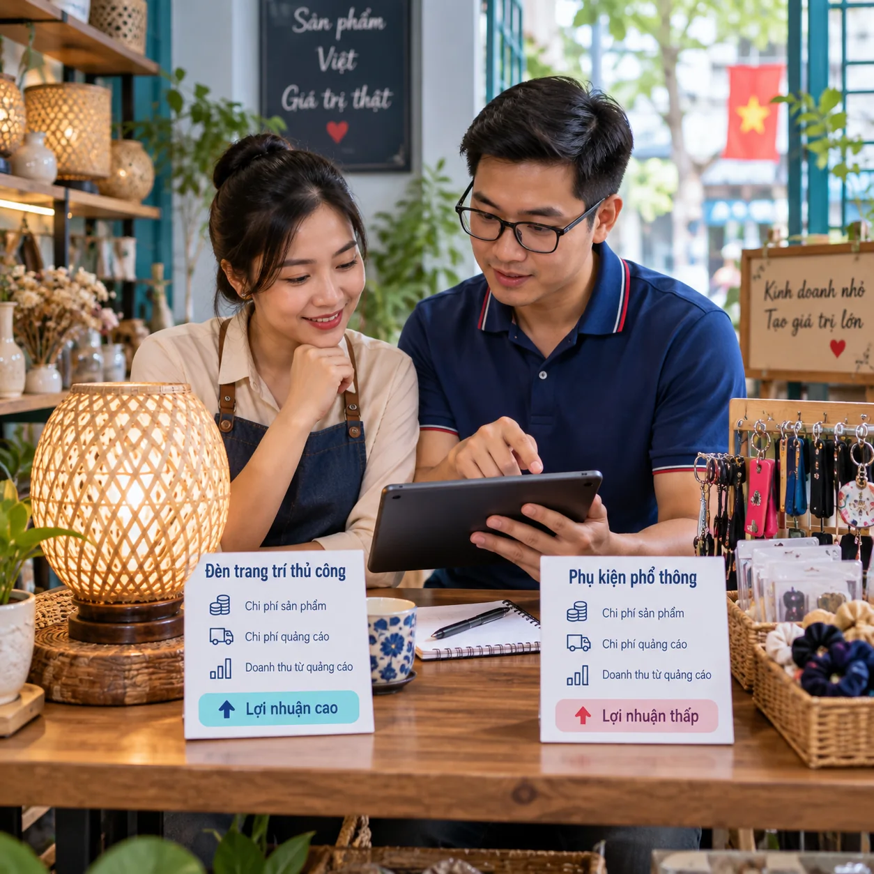 Chủ shop so sản phẩm trang trí thủ công và phụ kiện phổ thông có biên lãi khác