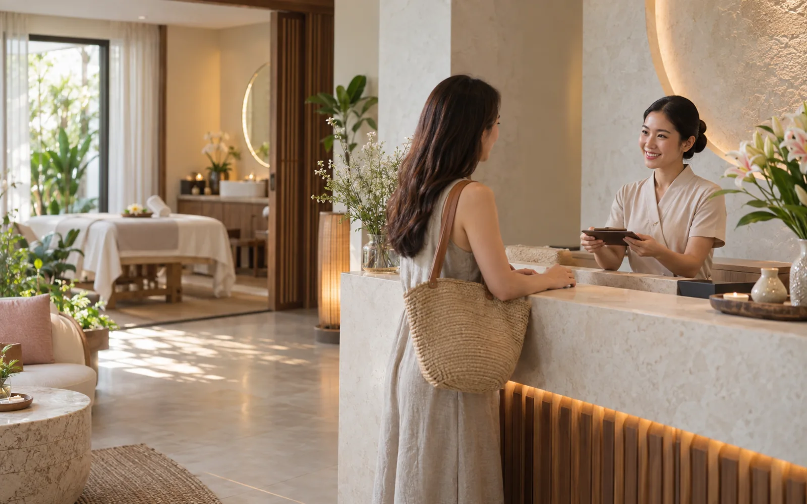 Lễ tân tiếp đón khách tại spa chăm sóc, ảnh minh họa
