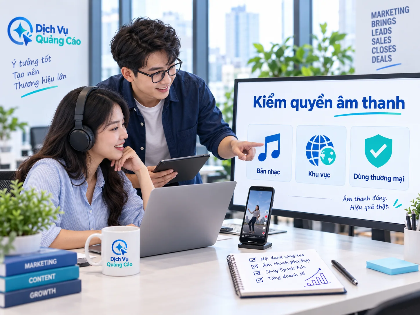 Nhân viên kiểm quyền âm thanh trước khi chạy video quảng cáo