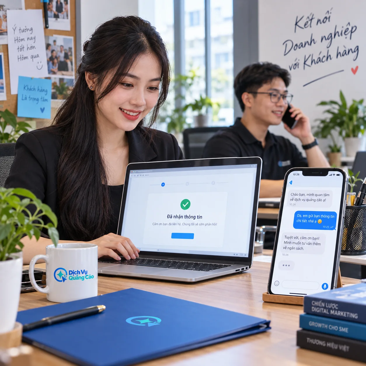 Nhân viên xác nhận biểu mẫu gửi thành công, cuộc gọi và cuộc trò chuyện trên điện thoại