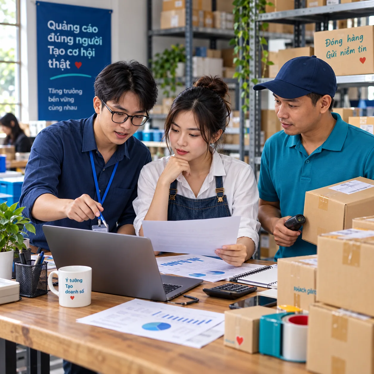 Marketing, chủ shop và nhân viên kho xem báo cáo cùng lượng đơn cần giao