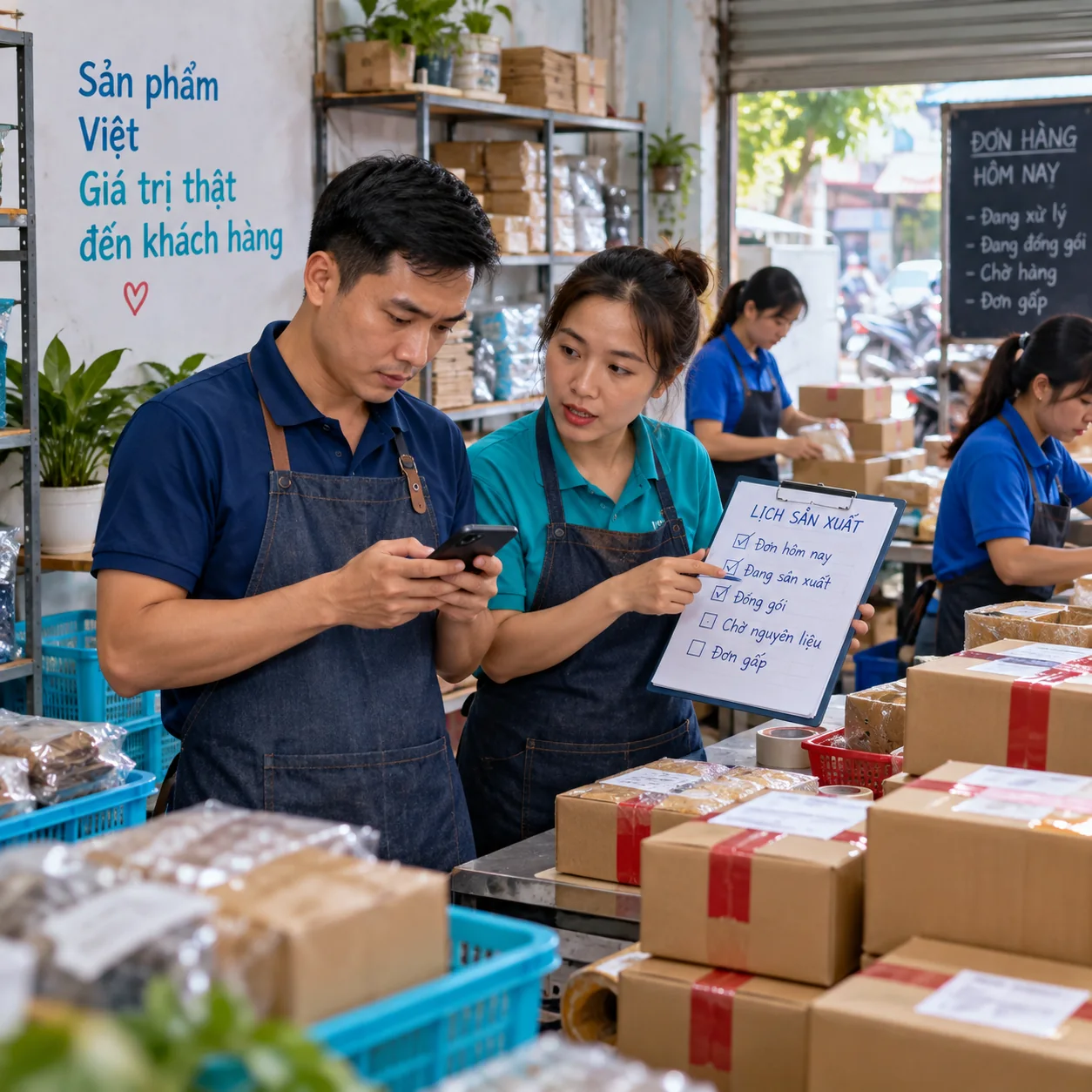 Chủ xưởng xem yêu cầu khách mới trong khi nhân viên rà lịch sản xuất và đơn đang giao