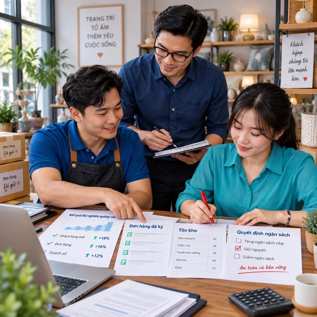 Chủ cửa hàng và nhóm marketing so kết quả thử nghiệm với đơn hàng và năng lực phục vụ