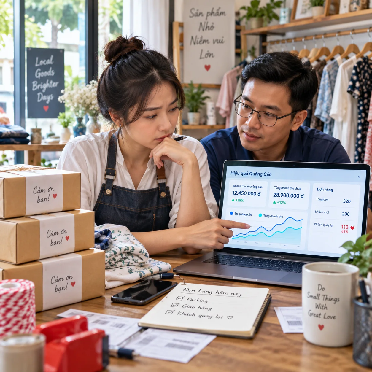 Chủ shop đối chiếu màn hình báo cáo quảng cáo với tổng doanh thu và khách quay lại