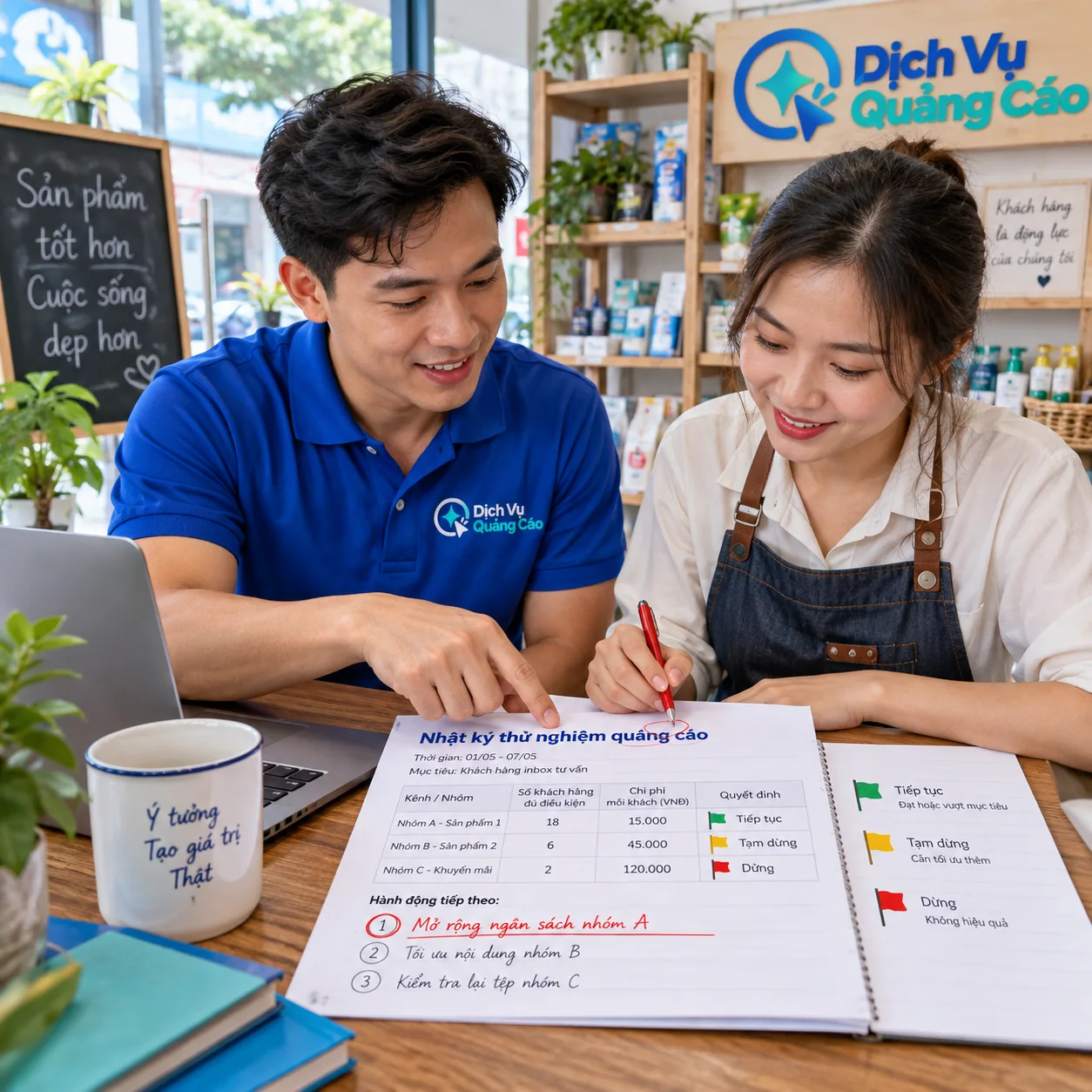 Chủ cửa hàng và đơn vị quảng cáo xem nhật ký thử nghiệm cùng dấu tiếp tục, tạm dừng và dừng