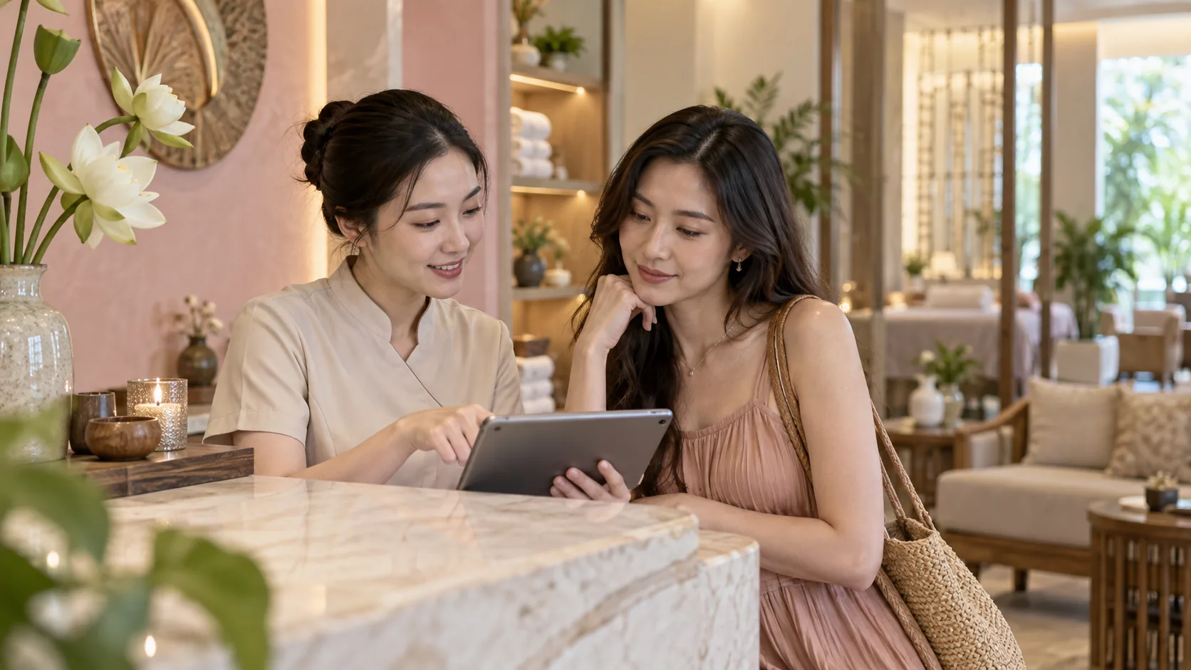 Tư vấn dịch vụ và lịch hẹn tại quầy lễ tân spa
