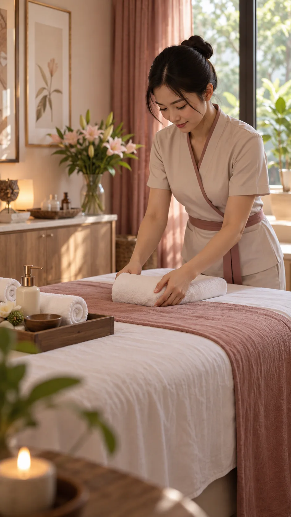 Nhân viên chuẩn bị phòng spa minh họa quảng cáo TikTok
