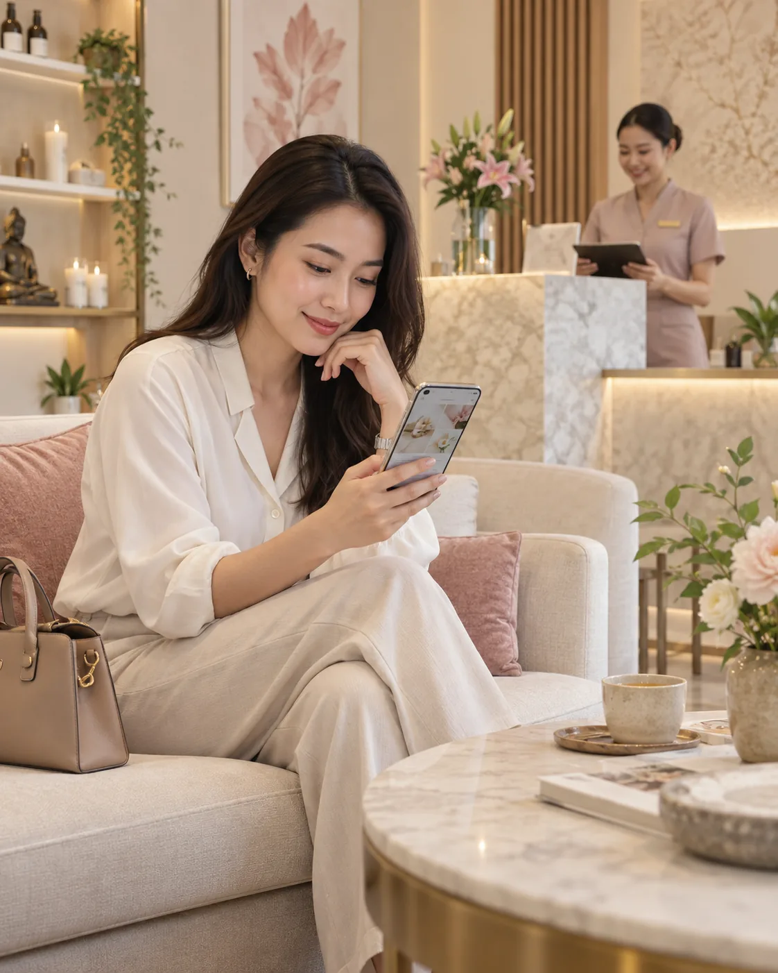 Khách xem thông tin dịch vụ spa trên điện thoại, minh họa cho kênh Google Ads