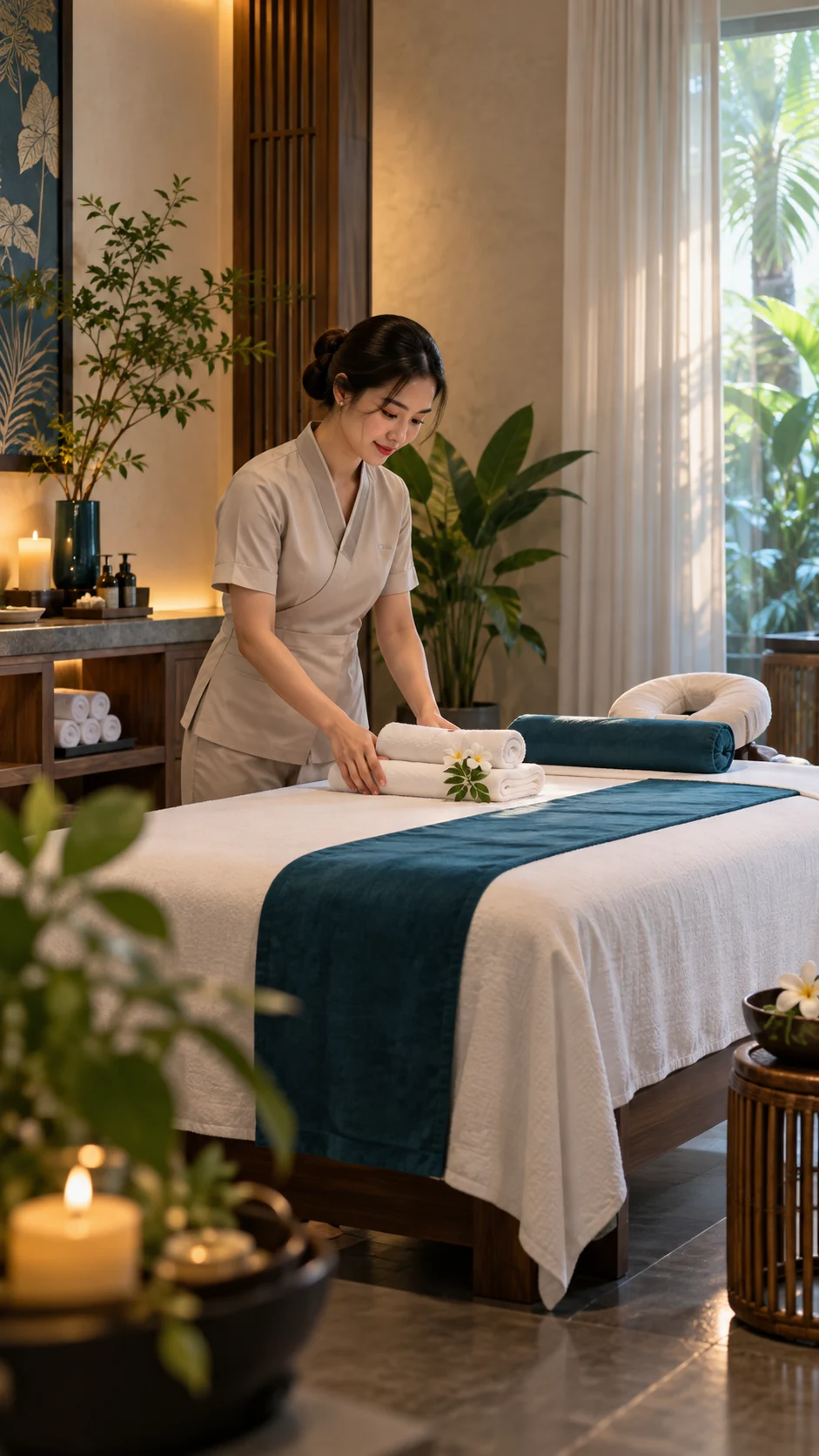 Nhân viên spa chuẩn bị giường và khăn, ảnh minh họa cho quảng cáo Story đặt lịch