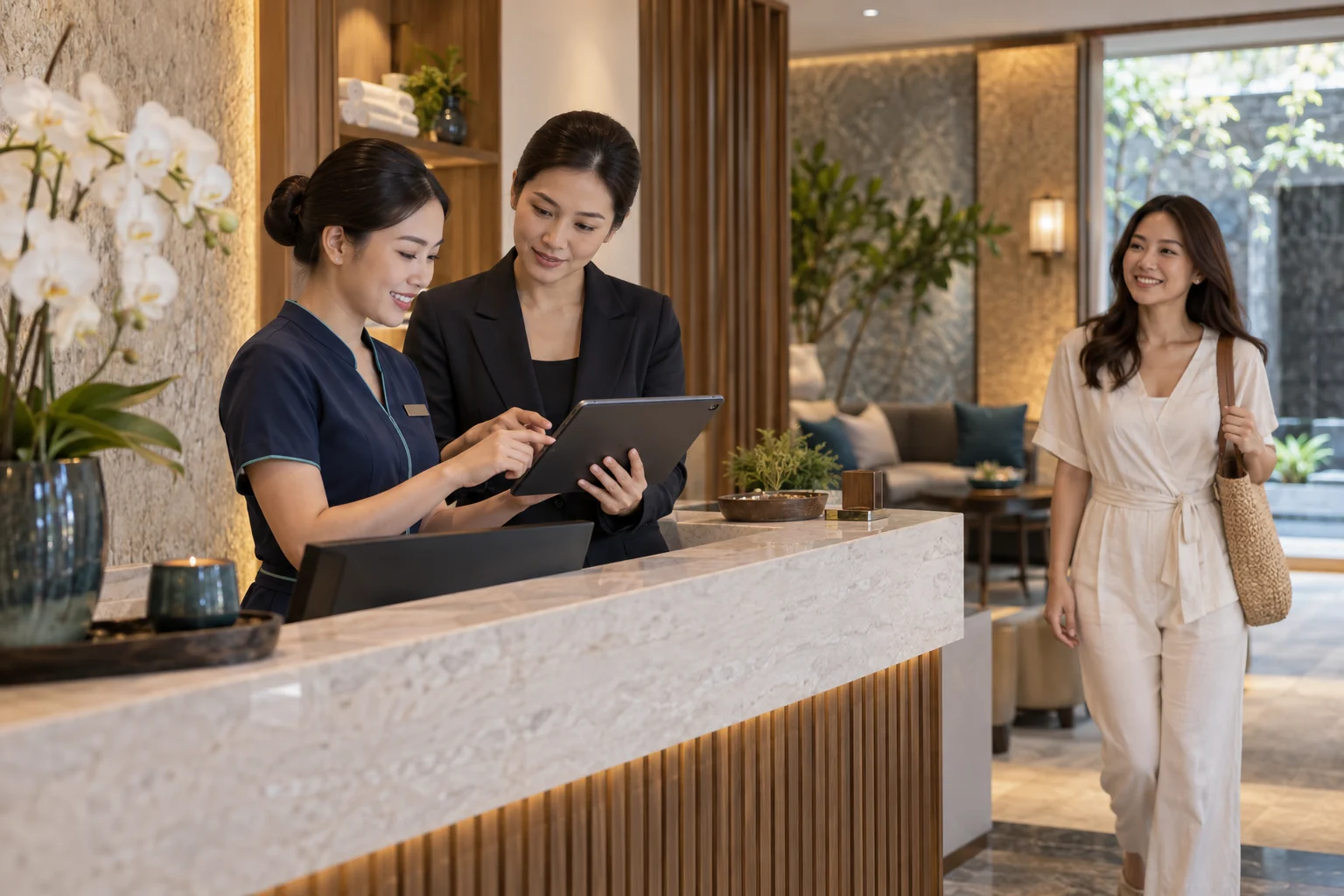Đội vận hành spa rà lịch hẹn và tiếp đón khách tại quầy, ảnh minh họa quy trình xác nhận lịch