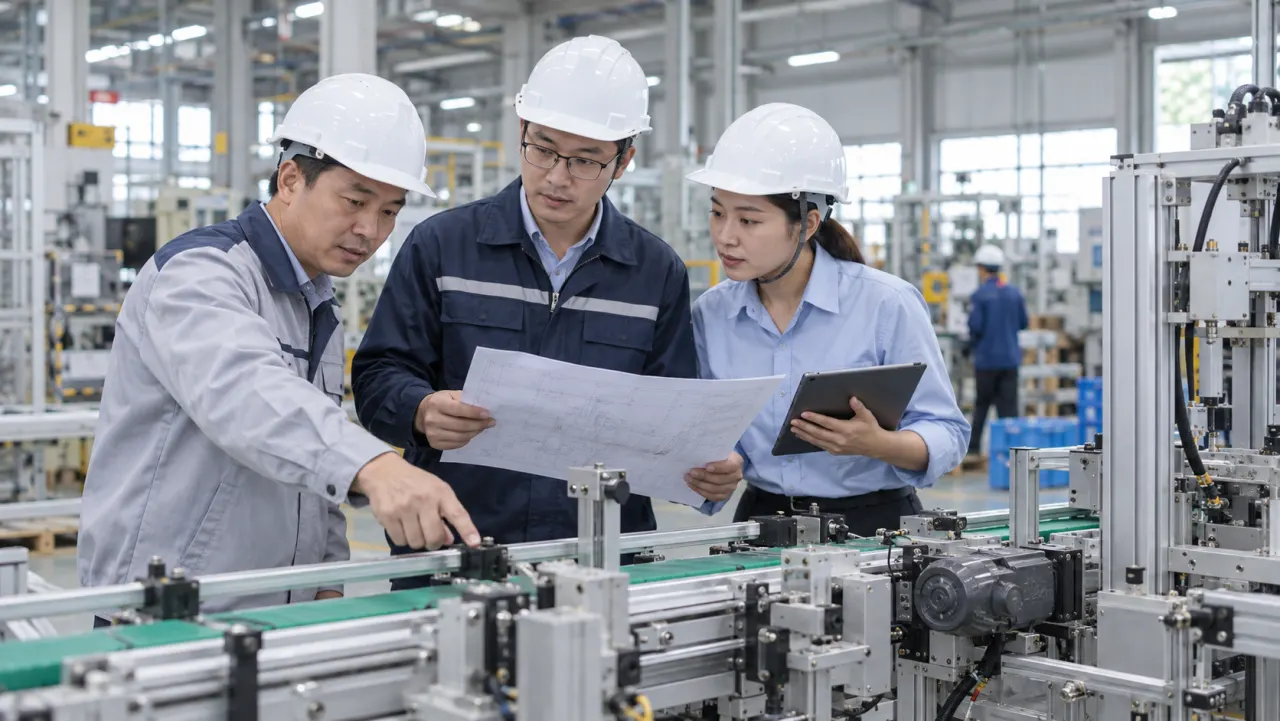 Kỹ sư và quản lý nhà máy đối chiếu bản vẽ với dây chuyền thiết bị công nghiệp