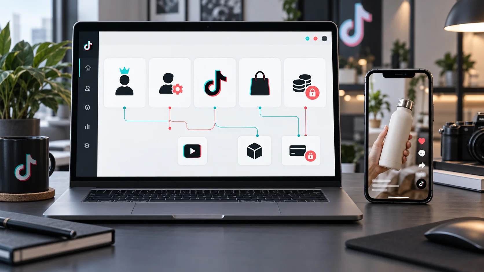 Mô phỏng Business Center phân quyền tài khoản quảng cáo, kênh TikTok, Shop, video và tài chính