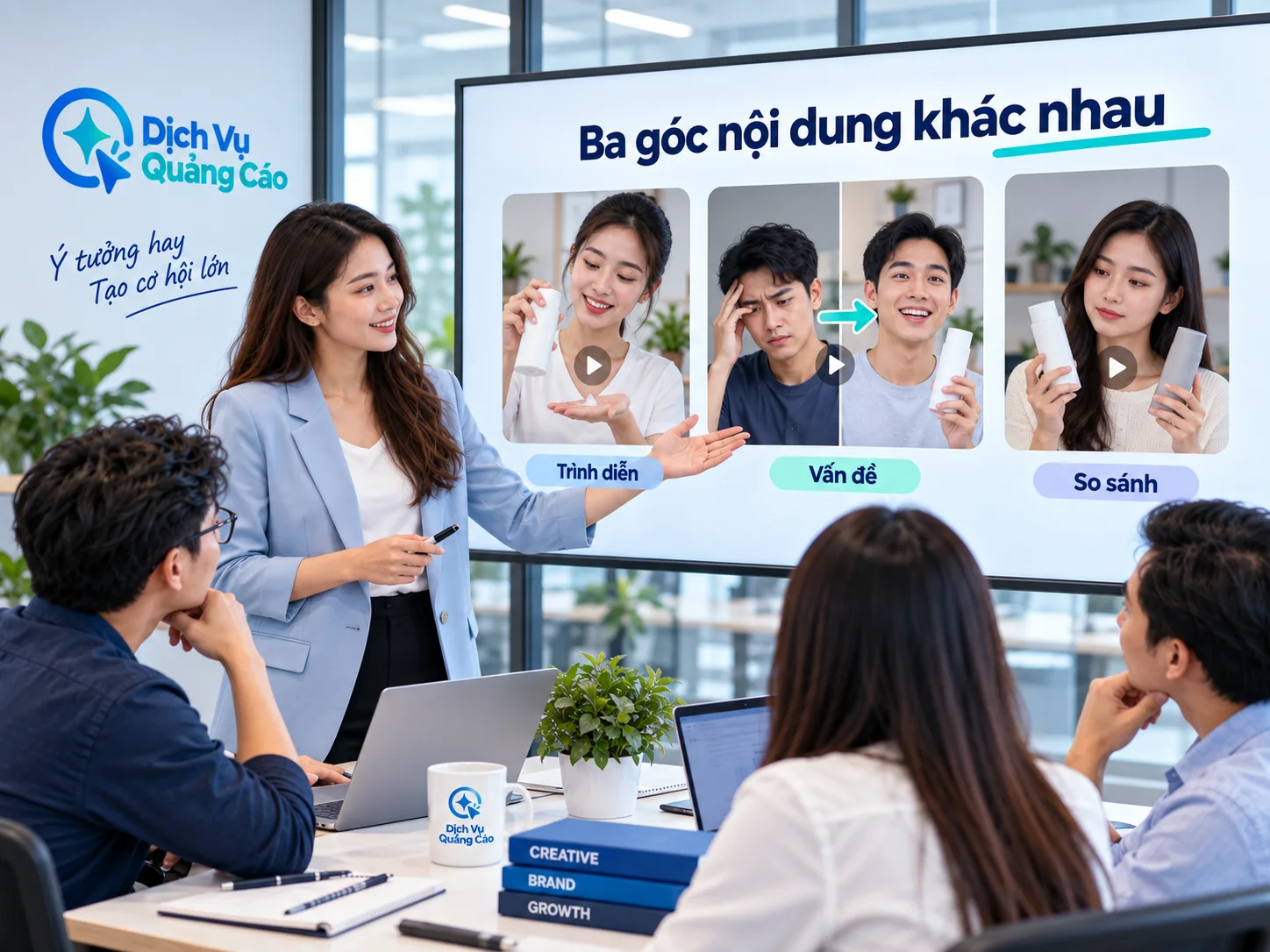 Nhóm sáng tạo đối chiếu các góc nội dung video quảng cáo
