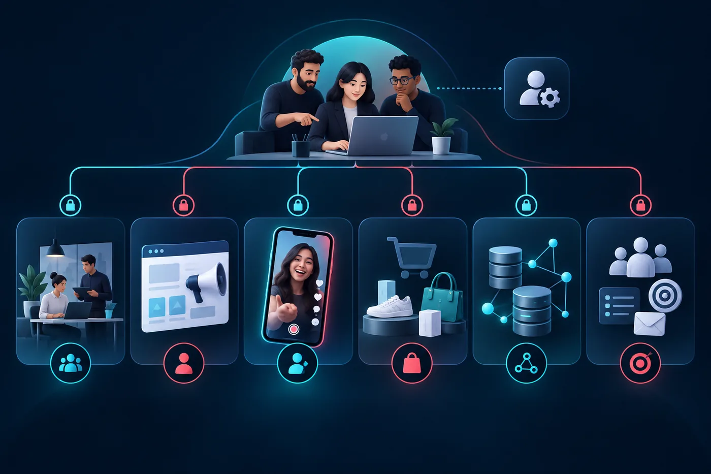 Mô phỏng sáu nhóm tài sản TikTok Business Center cần cấp quyền riêng