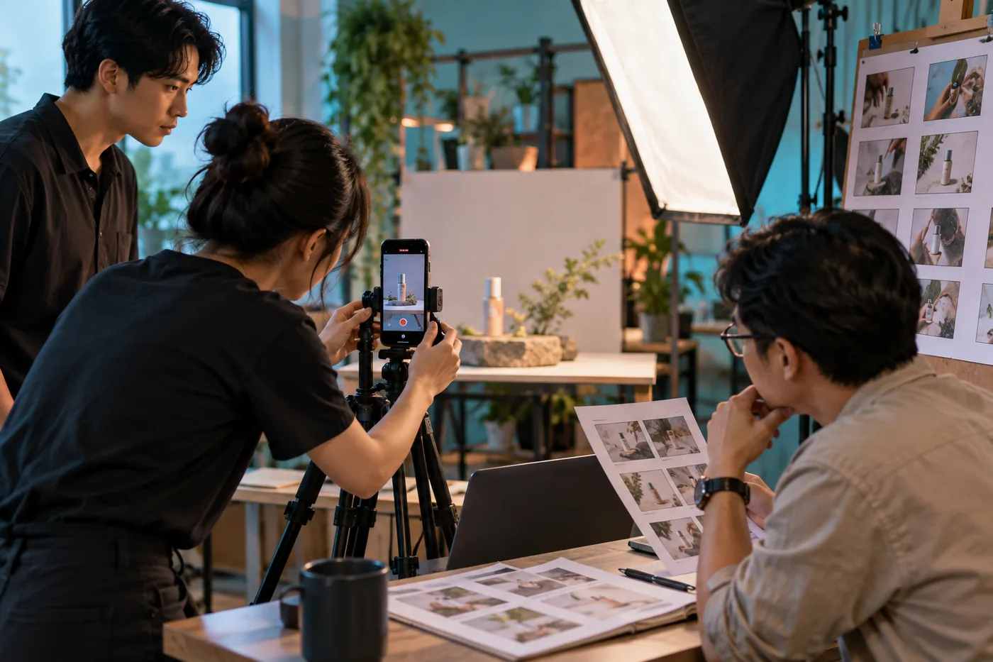 Đội sản xuất quay video dọc sản phẩm để chuẩn bị nguồn creative cho TikTok Ads