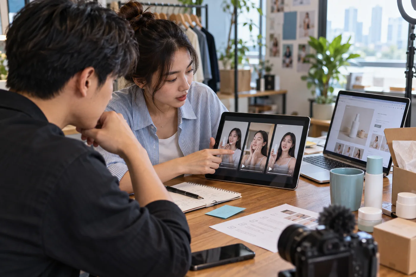Đội media nội bộ rà các video sản phẩm và điểm bán trước khi thuê tài khoản