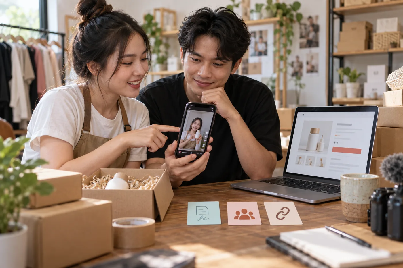 Chủ Shop và người làm nội dung rà video sản phẩm cùng quyền liên kết quảng cáo