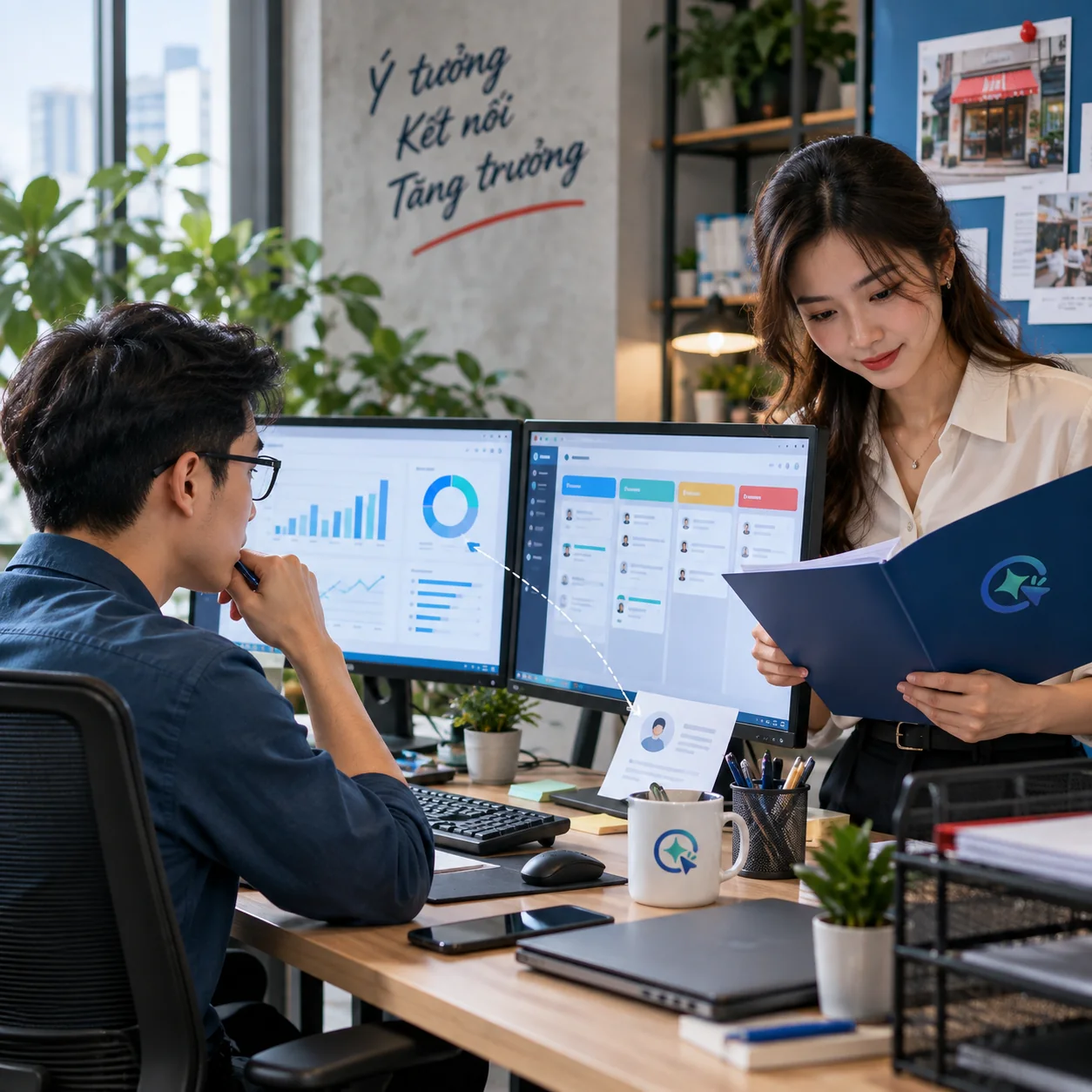 Nhân viên tiếp thị so bảng sự kiện quảng cáo với các trạng thái khách hàng trong CRM