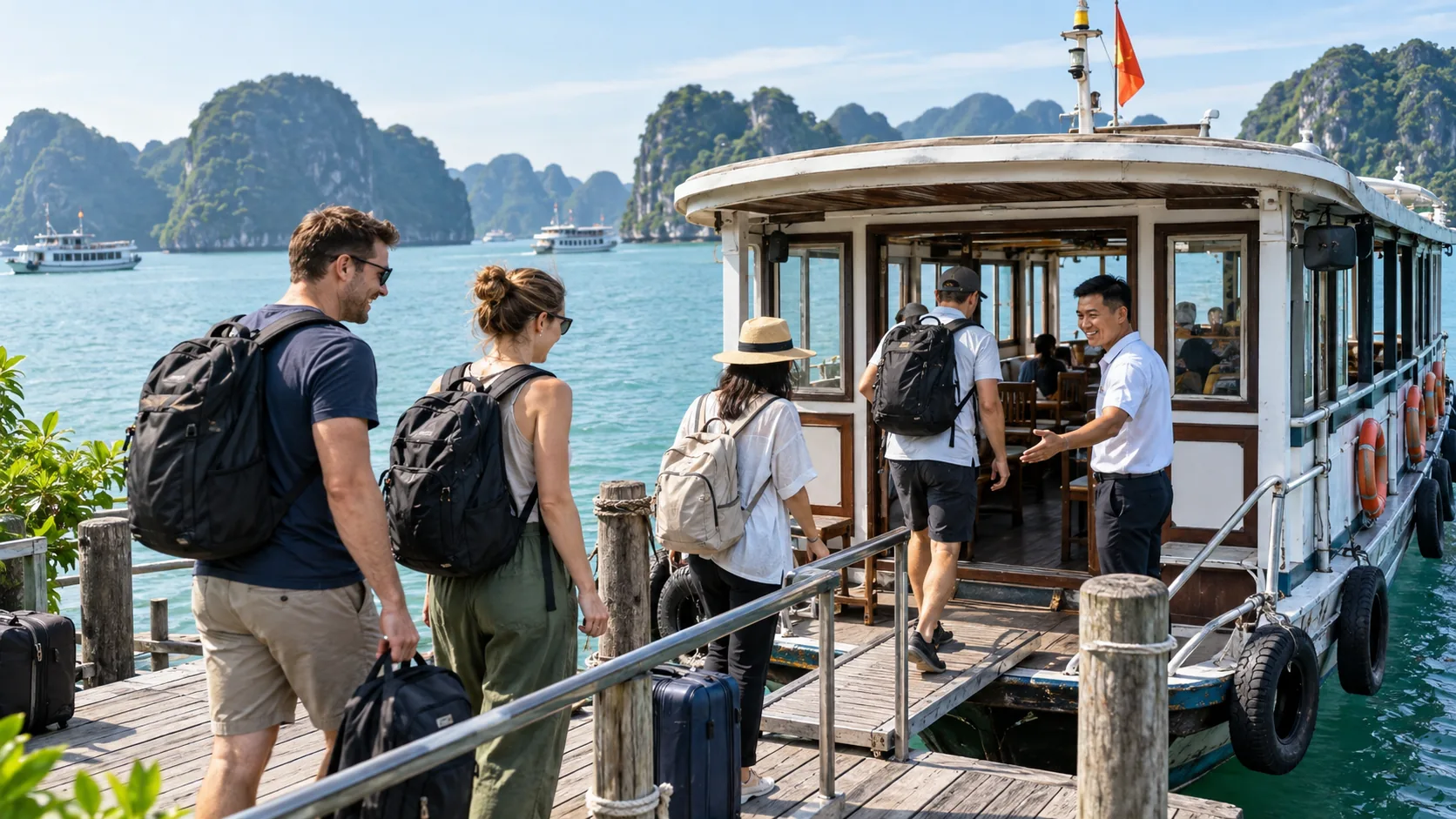 Du khách lên tàu tham quan theo lịch khởi hành