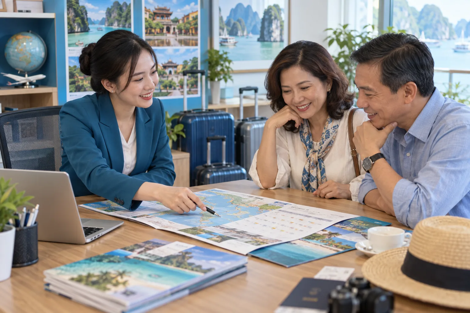 Tư vấn viên trao đổi với khách về lịch trình và chỗ tour