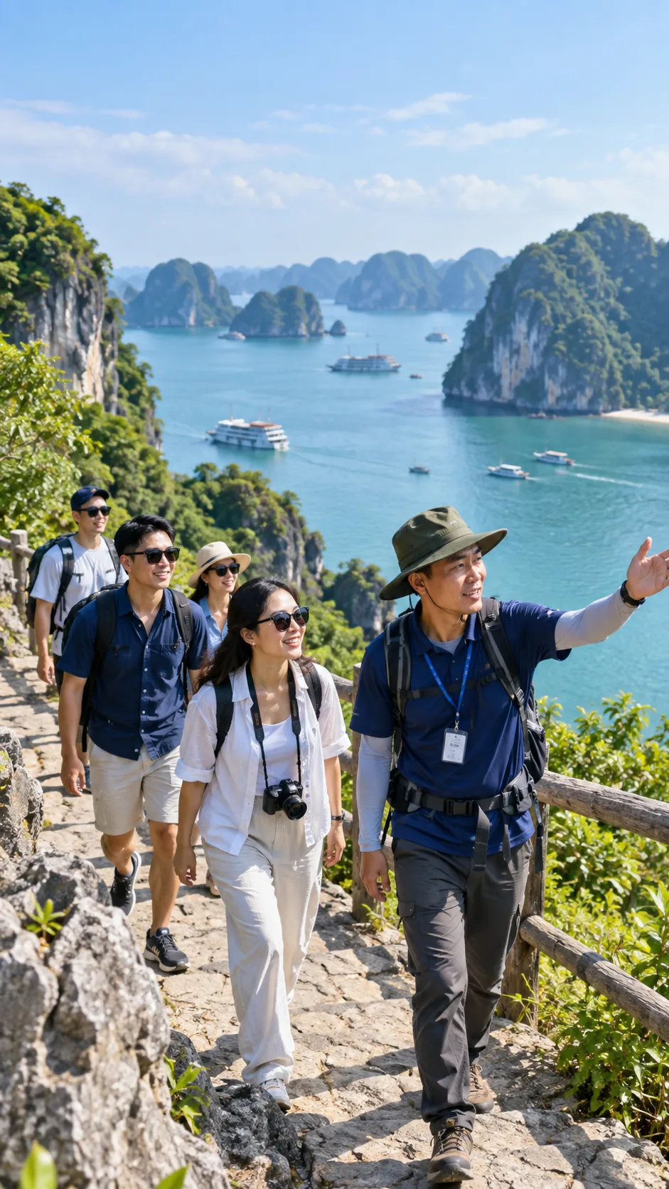 Khung hình dọc minh họa hướng dẫn viên và nhóm khách trong tour