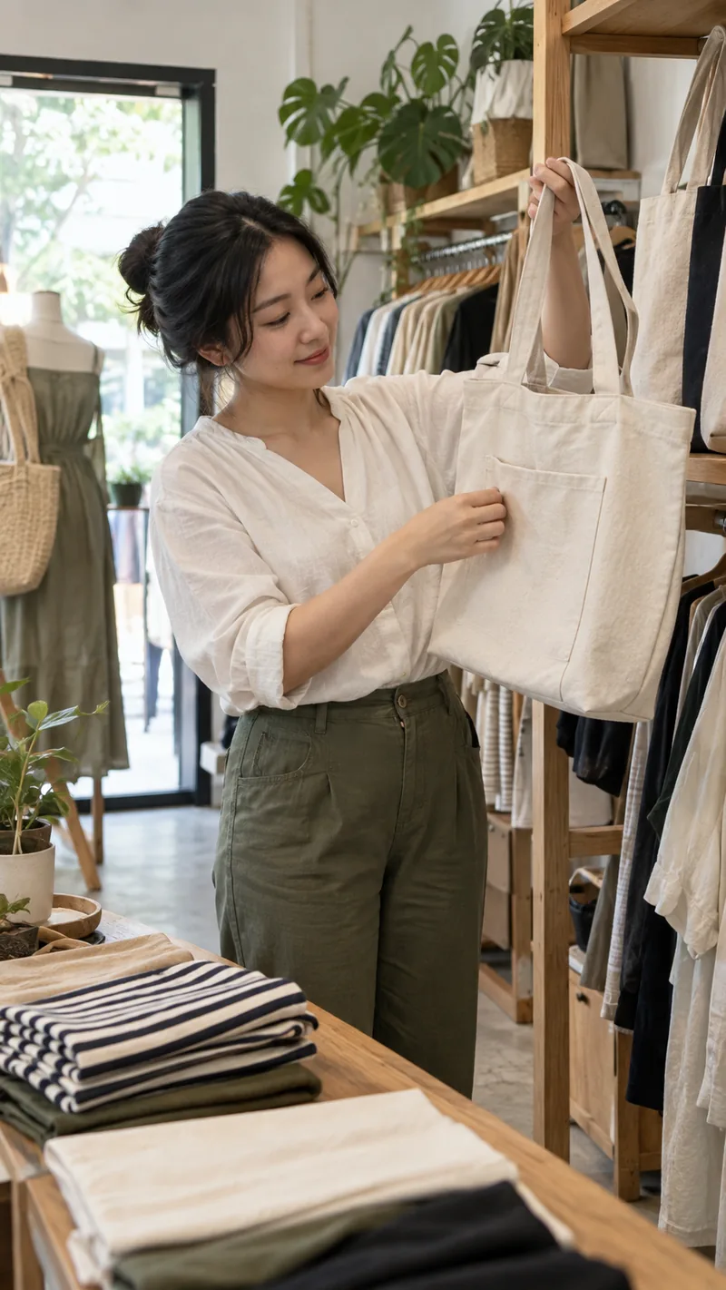 Chủ cửa hàng giới thiệu túi vải trong video dọc minh họa TikTok Shop