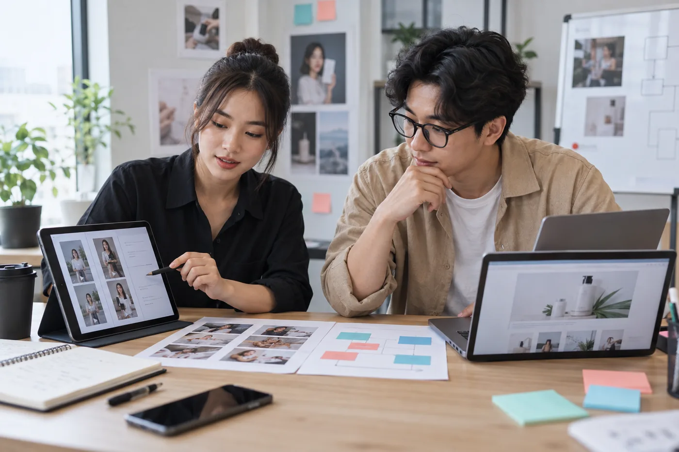 Đội nội bộ và chuyên viên quảng cáo cùng rà storyboard, trang đích và phạm vi công việc