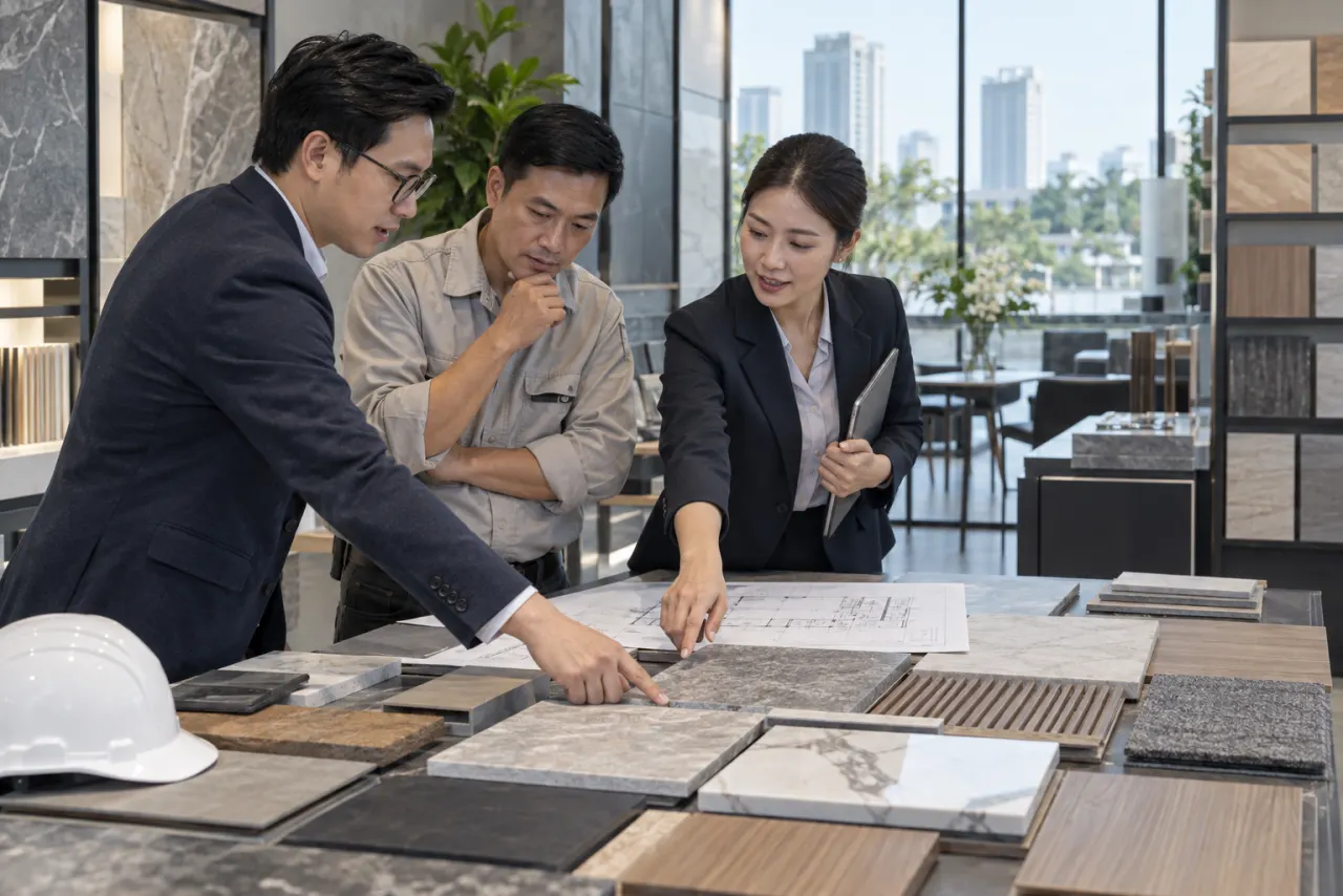 Kiến trúc sư và nhân sự tư vấn đối chiếu mẫu vật liệu với bản vẽ tại showroom
