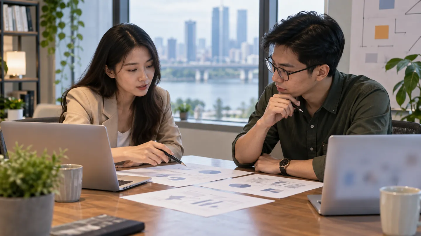 Hai nhân viên đối chiếu tài liệu và biểu đồ tổng hợp chiến dịch
