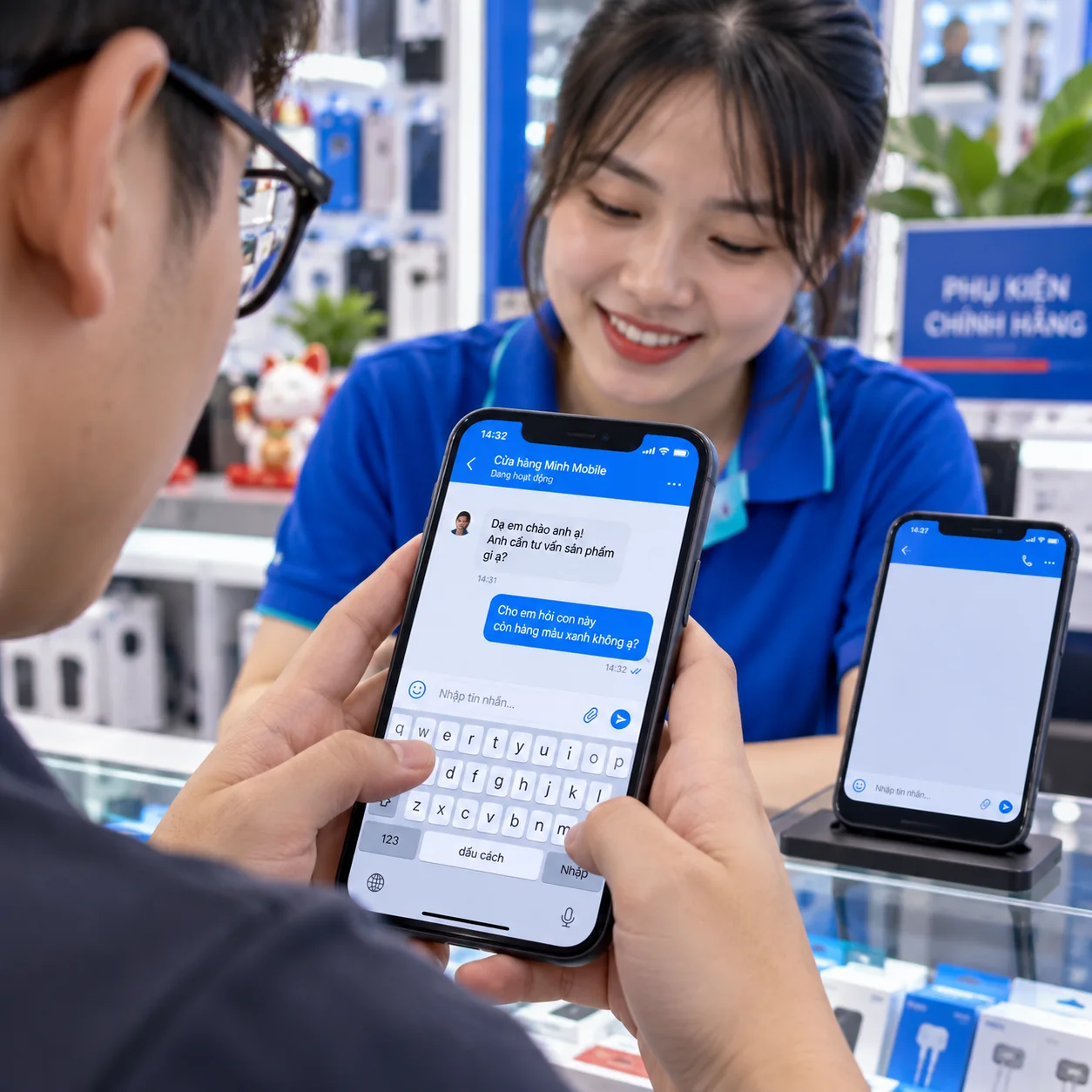 Một điện thoại có hội thoại với cửa hàng, điện thoại khác chỉ mở khung chat trống
